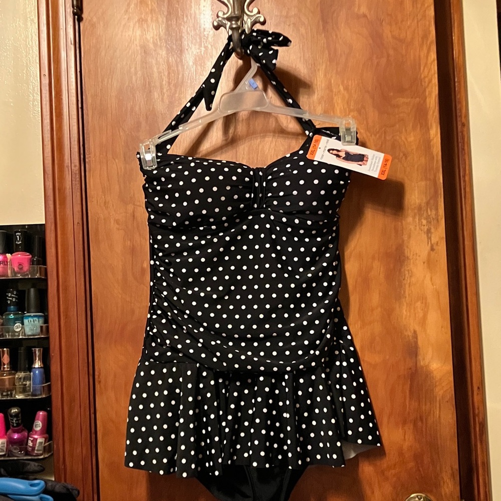 Black and White Polka Dot One-Piece Swimsuit with Skirted Bottom